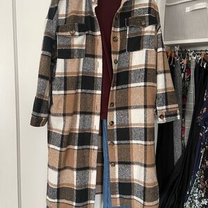 Plaid Longline Shacket  - Black, White, Tan